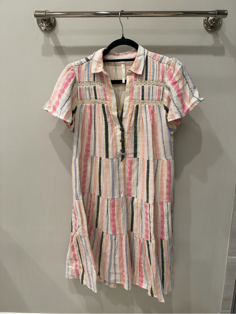 Anthropologie Pink Multi-Stripe Short Sleeve Tiered Dress